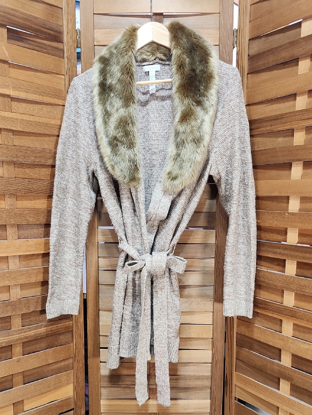Charter Club Taupe Tan Gold Knit Cardigan Sweater Faux-Fur Collar Women XL